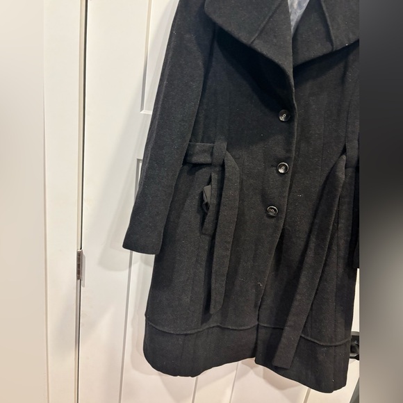 Calvin Klein Wool Blend Pea Trench Coat Size 14 Belted Pockets Lined Black - Picture 5 of 5